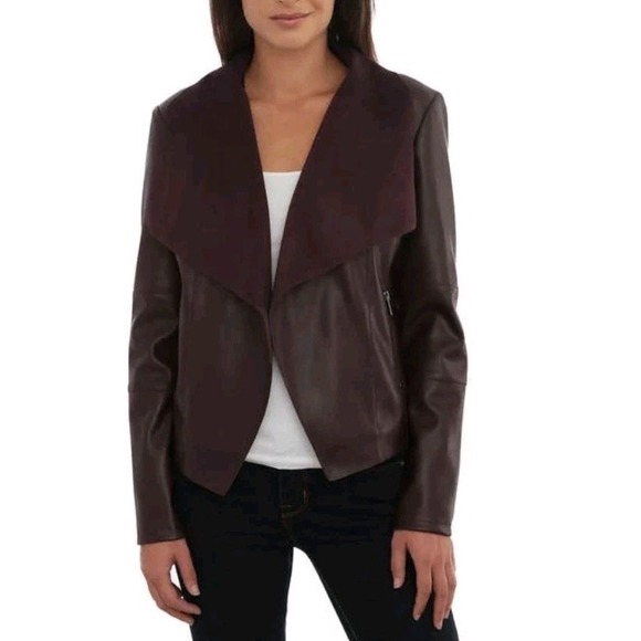 Bagatelle Womens Small Maroon  Faux Leather Open Front Draped Jacket 365 - Picture 1 of 8
